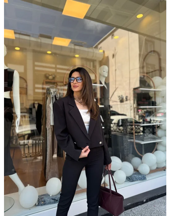 Crop Ceketli Blazer Takım Siyah