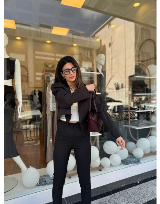 Crop Ceketli Blazer Takım Siyah