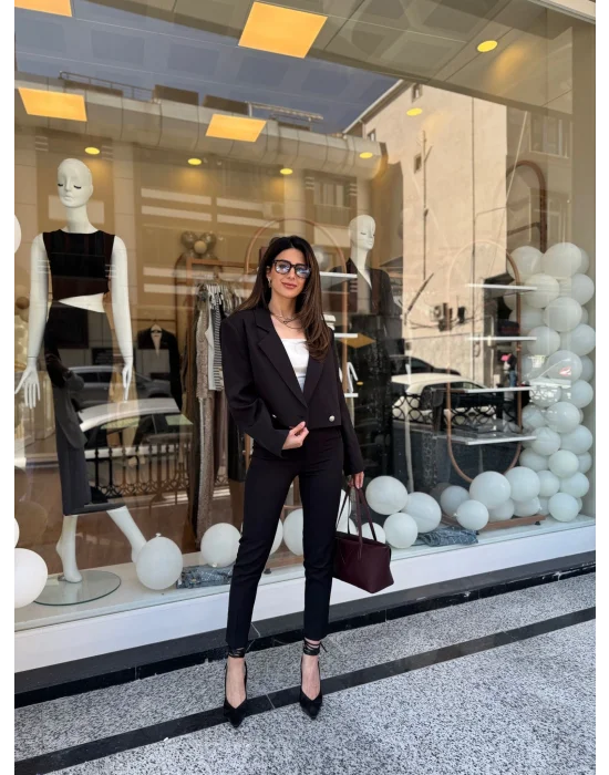 Crop Ceketli Blazer Takım Siyah