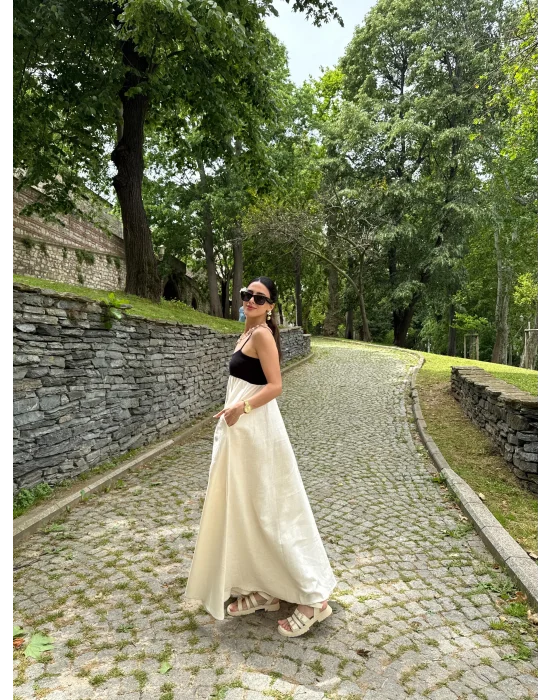 Ekru Patchwork Maxi Keten Elbise