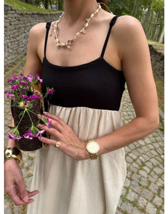 Ekru Patchwork Maxi Keten Elbise