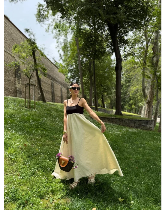 Ekru Patchwork Maxi Keten Elbise