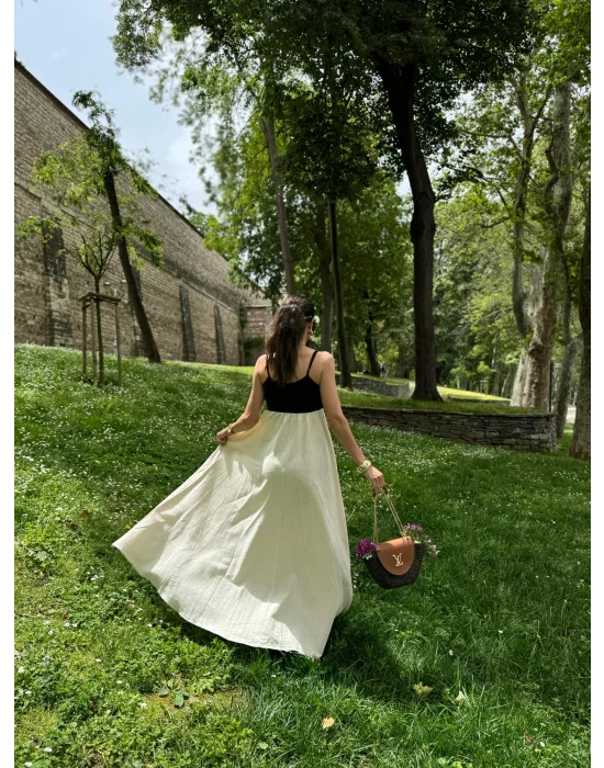 Ekru Patchwork Maxi Keten Elbise