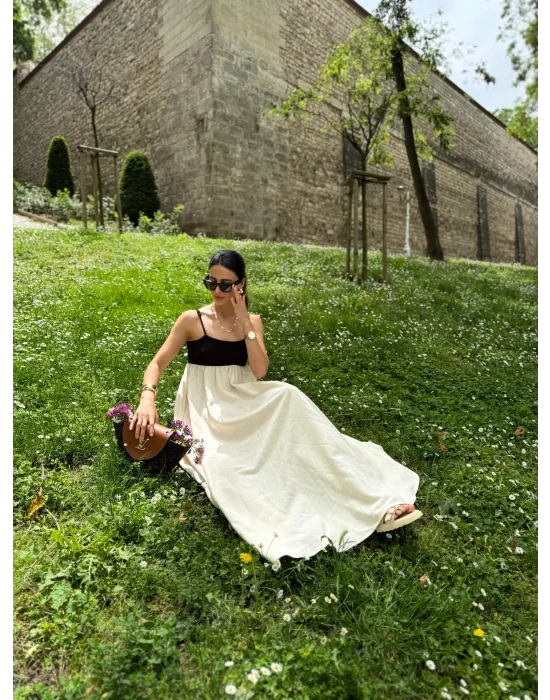 Ekru Patchwork Maxi Keten Elbise