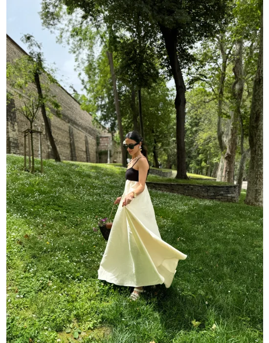 Ekru Patchwork Maxi Keten Elbise