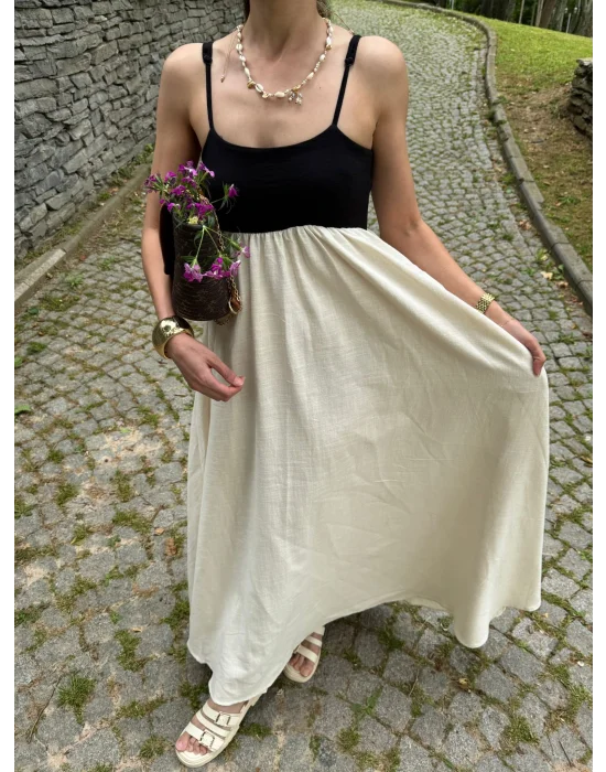 Ekru Patchwork Maxi Keten Elbise