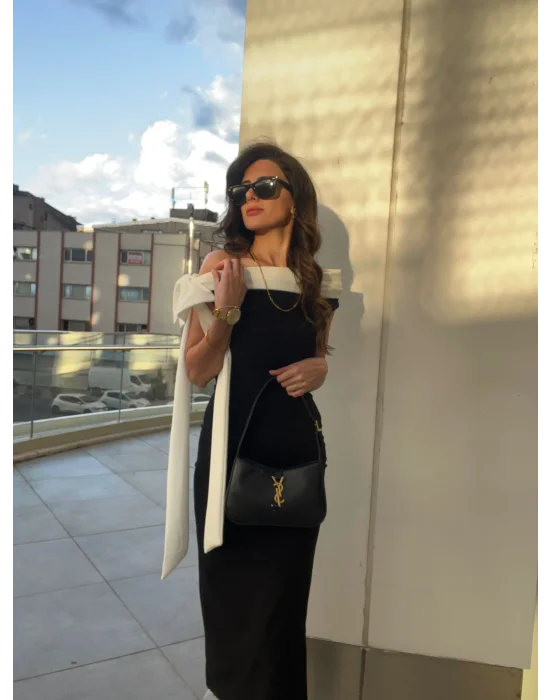Elina Omuz Fiyonklu Elbise SİYAH
