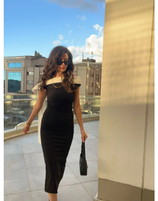 Elina Omuz Fiyonklu Elbise SİYAH