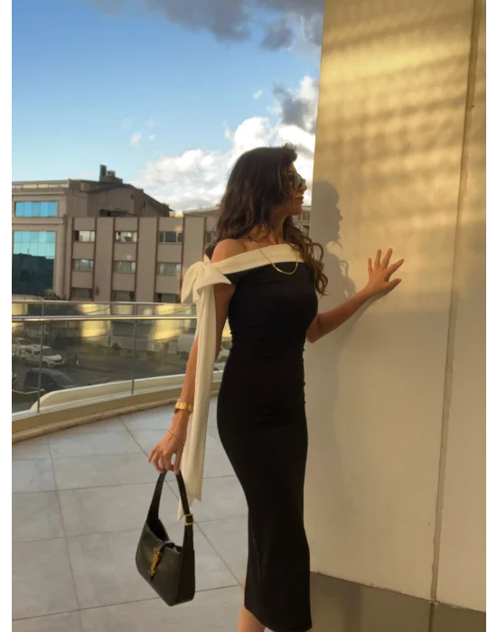 Elina Omuz Fiyonklu Elbise SİYAH