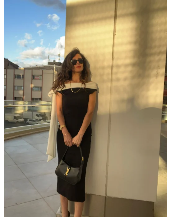 Elina Omuz Fiyonklu Elbise SİYAH