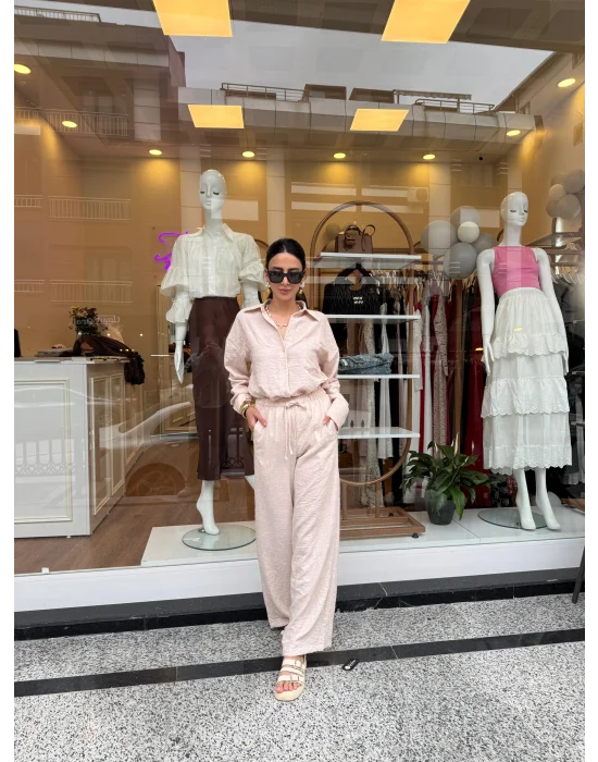 Gömlekli Keten Takım Taş Rengi