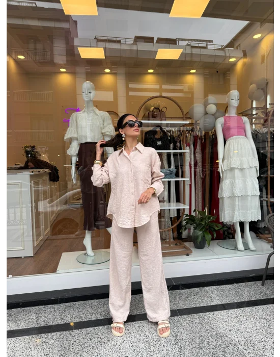 Gömlekli Keten Takım Taş Rengi