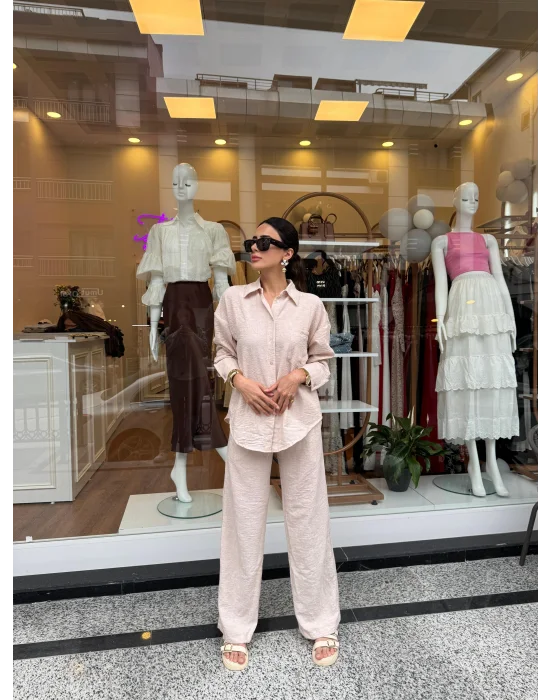 Gömlekli Keten Takım Taş Rengi