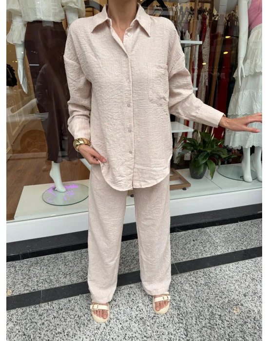 Gömlekli Keten Takım Taş Rengi