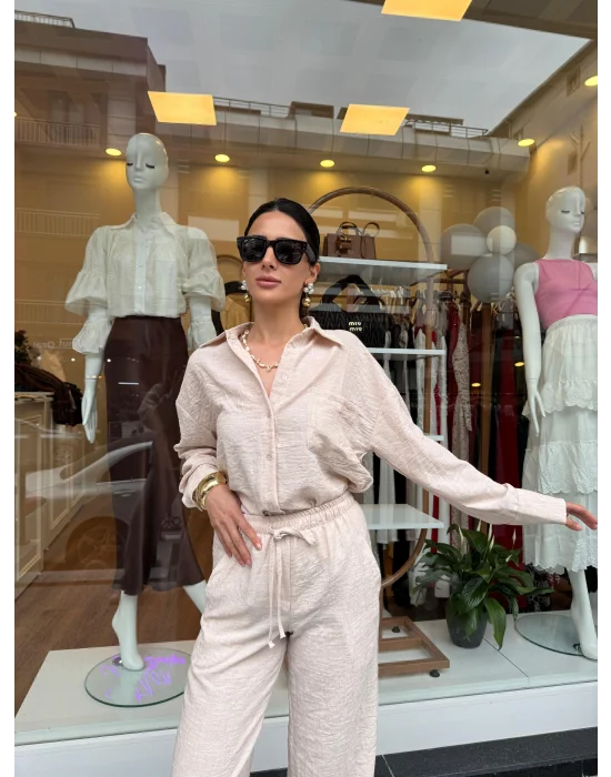 Gömlekli Keten Takım Taş Rengi