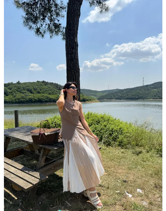 İki Renk Buruşuk Görünümlü Etek