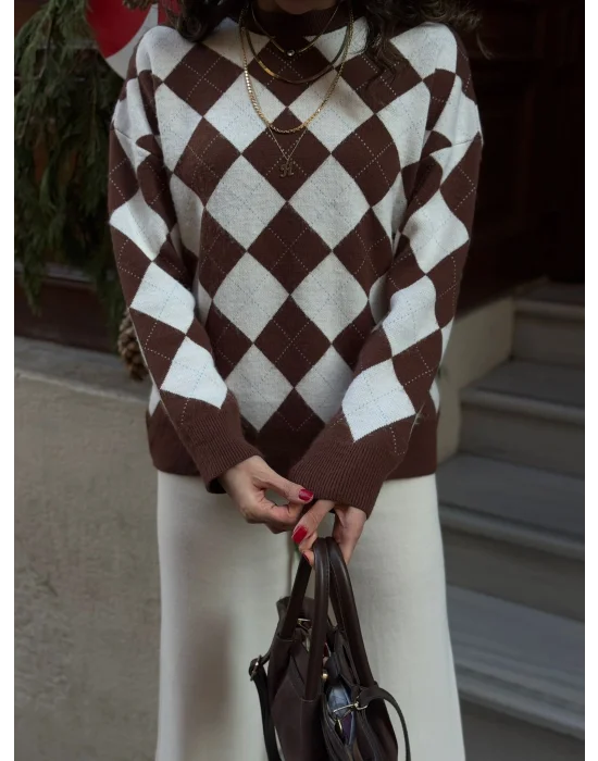 Kahve Baklava Desenli bisiklet Yaka Kazak