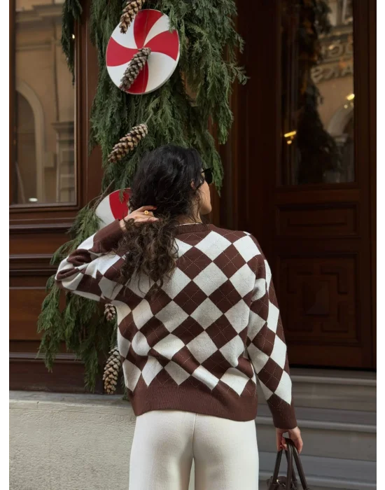 Kahve Baklava Desenli bisiklet Yaka Kazak