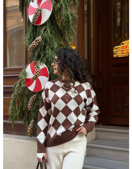 Kahve Baklava Desenli bisiklet Yaka Kazak