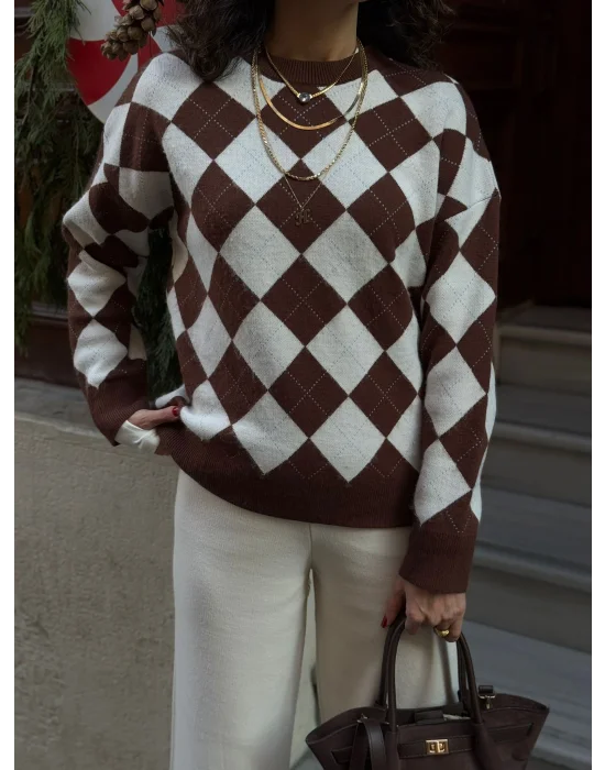 Kahve Baklava Desenli bisiklet Yaka Kazak