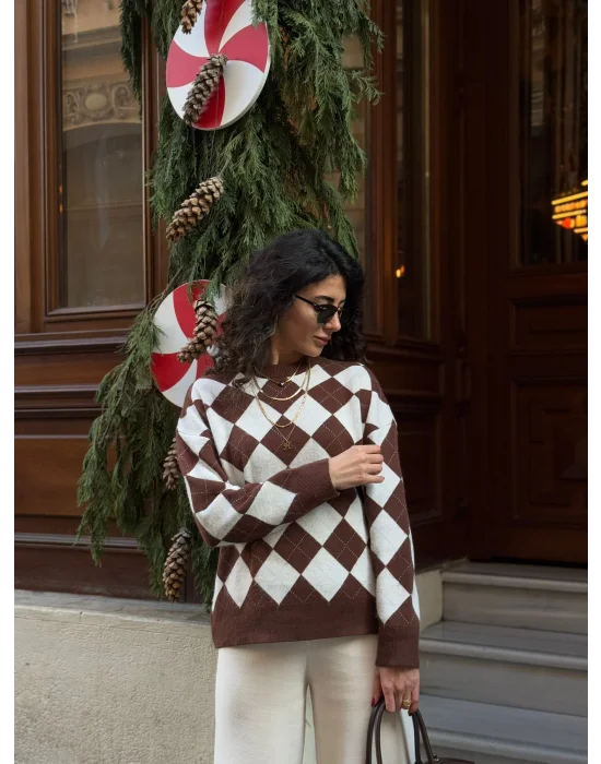 Kahve Baklava Desenli bisiklet Yaka Kazak