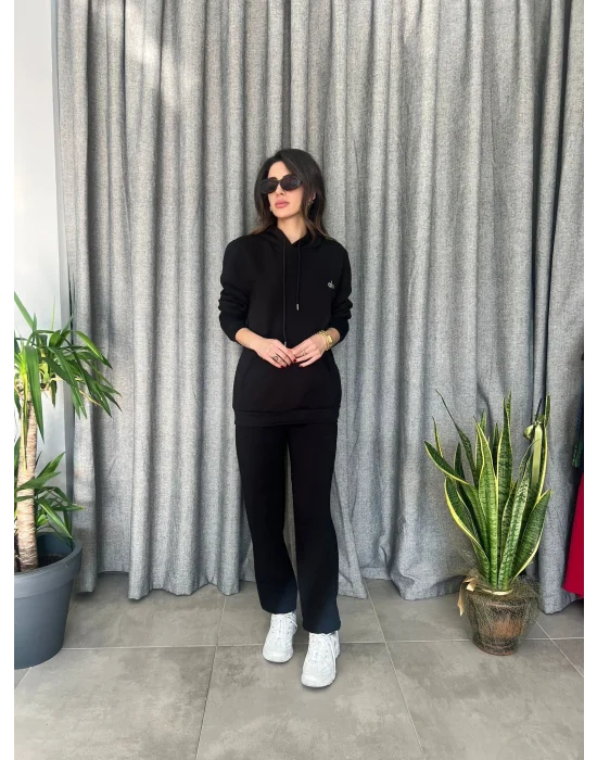 Kanguru Cepli Şardonlu Kapüşonlu Eşofman Takımı siyah