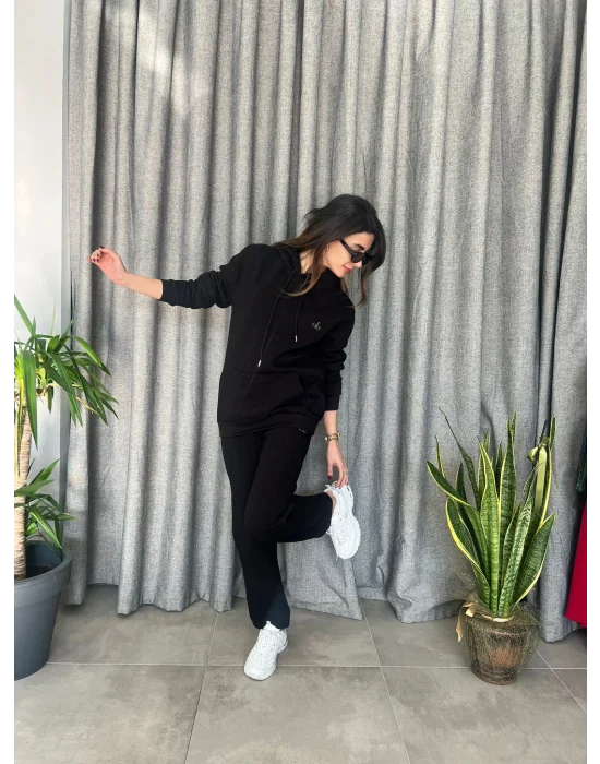 Kanguru Cepli Şardonlu Kapüşonlu Eşofman Takımı siyah