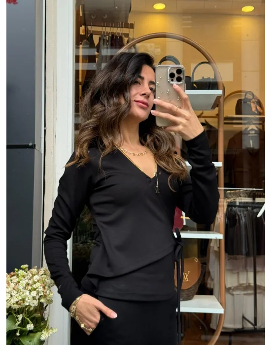 KRUVAZE YAKA YANDAN BAĞLAMALI EŞOFMAN TAKIMI