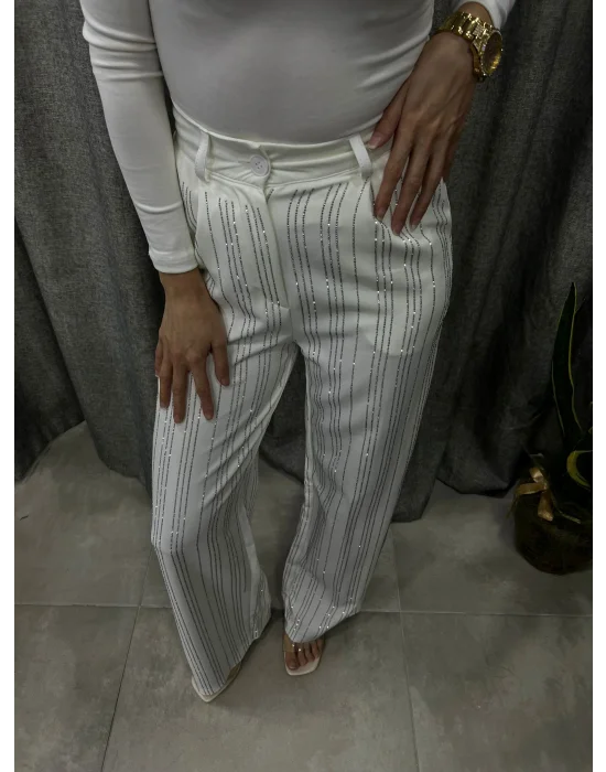 PREMİUM YÜKSEK BEL TAŞLI BEYAZ PALAZZO