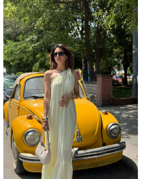 SARI TEK OMUZ KETEN ELBİSE