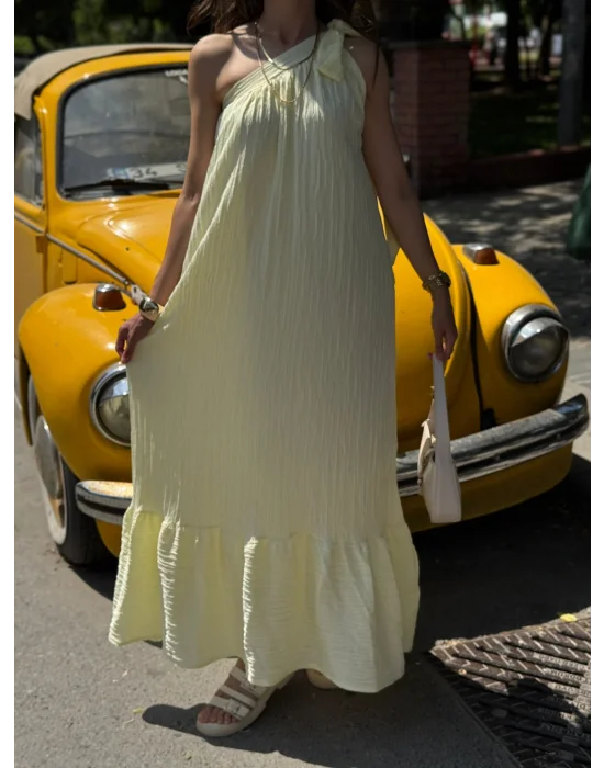 SARI TEK OMUZ KETEN ELBİSE