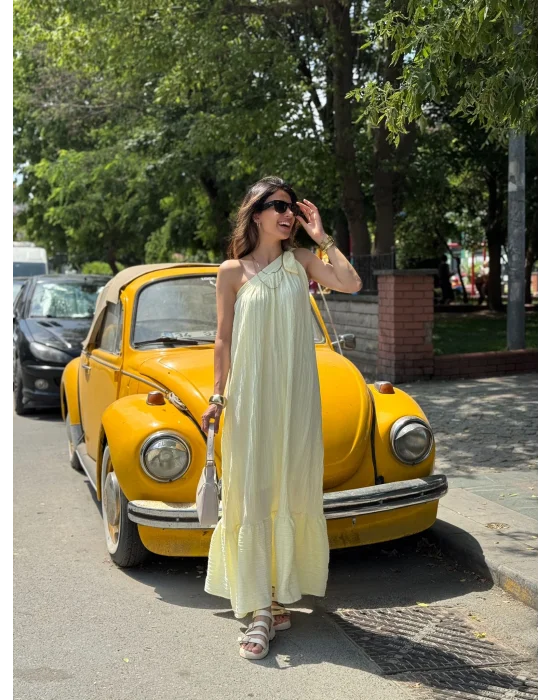 SARI TEK OMUZ KETEN ELBİSE