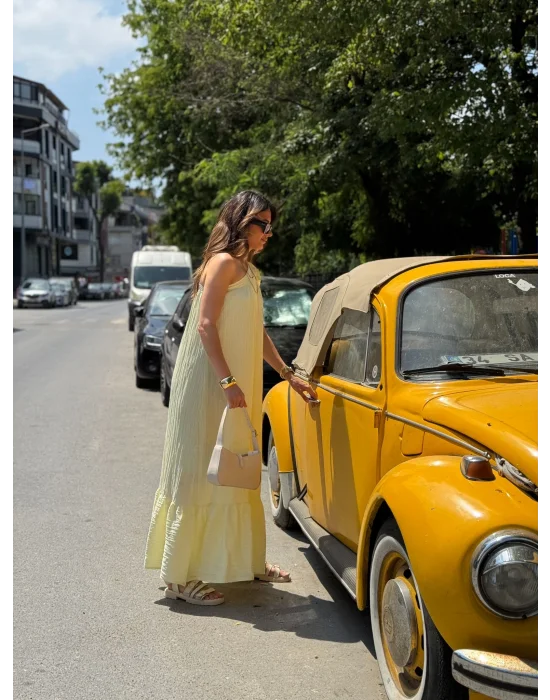 SARI TEK OMUZ KETEN ELBİSE