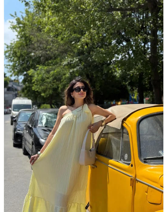 SARI TEK OMUZ KETEN ELBİSE