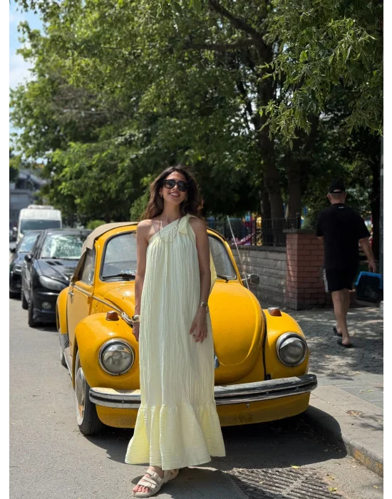 SARI TEK OMUZ KETEN ELBİSE