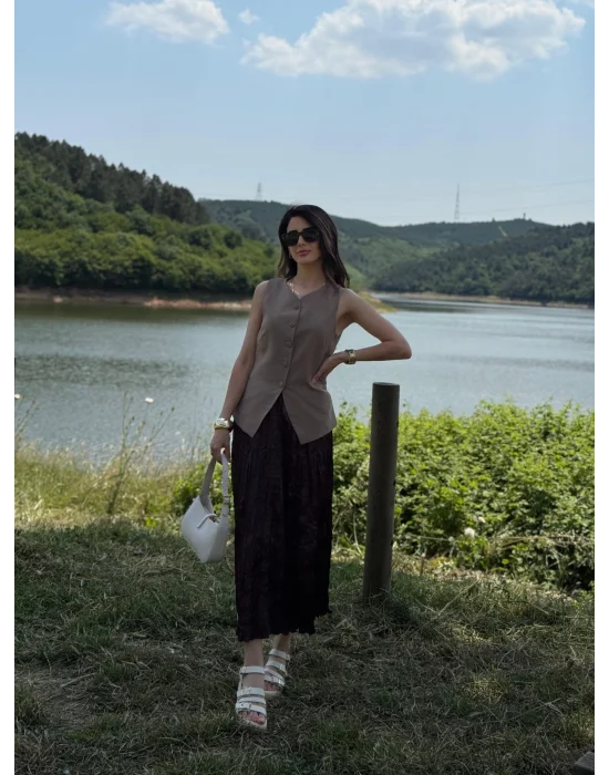 Saten Buruşuk Görünümlü Etek Kahverengi