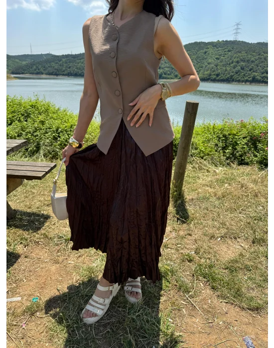 Saten Buruşuk Görünümlü Etek Kahverengi