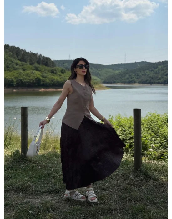 Saten Buruşuk Görünümlü Etek Kahverengi