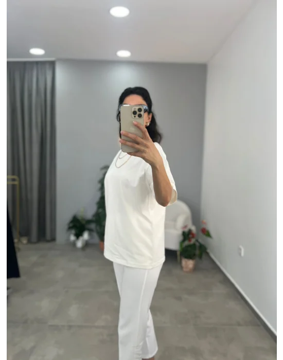 Bisiklet Yaka Basic Tişört ecru