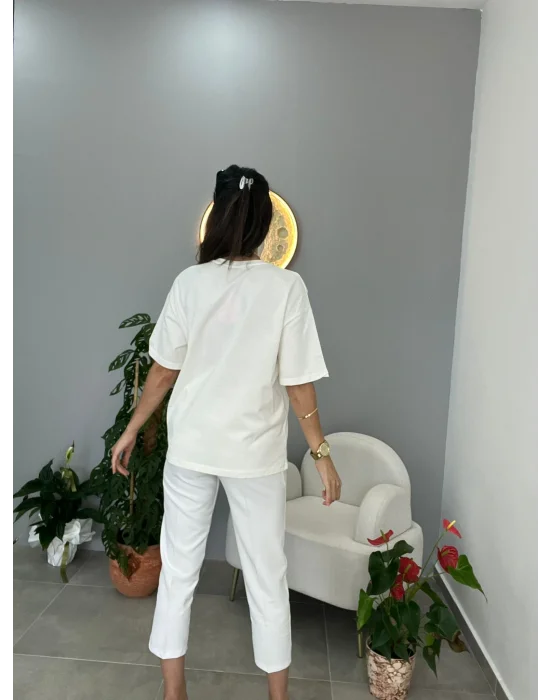 Bisiklet Yaka Basic Tişört ecru