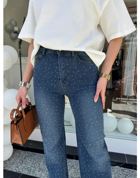Taş Detay Bol Paça Tasarım Jean