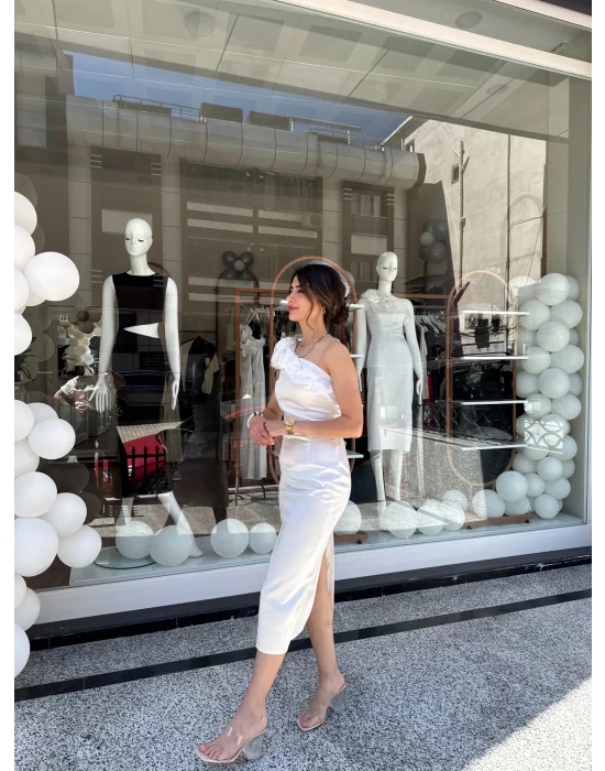 Tek Omuz Midi Boy Elbise Beyaz