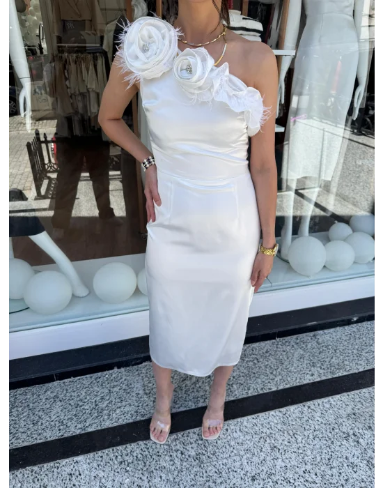 Tek Omuz Midi Boy Elbise Beyaz
