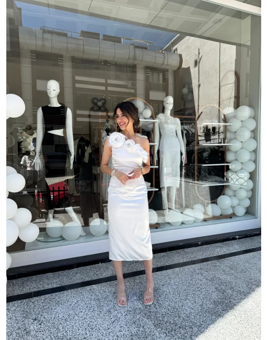 Tek Omuz Midi Boy Elbise Beyaz