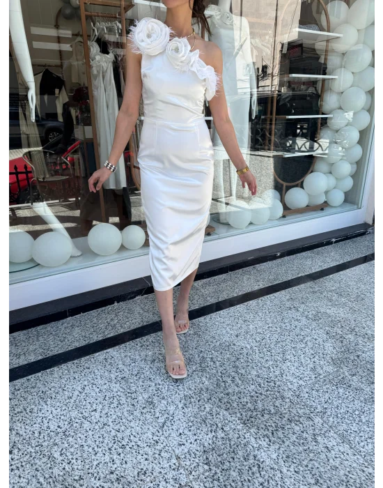 Tek Omuz Midi Boy Elbise Beyaz