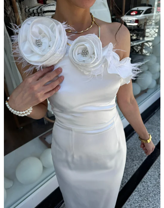 Tek Omuz Midi Boy Elbise Beyaz