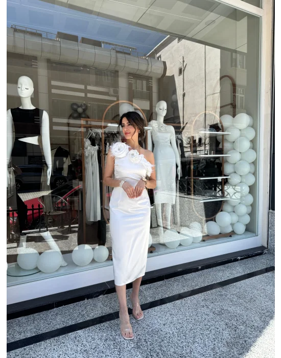 Tek Omuz Midi Boy Elbise Beyaz