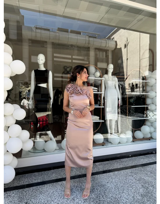 Tek Omuz Midi Boy Elbise Vizon