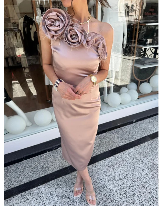 Tek Omuz Midi Boy Elbise Vizon