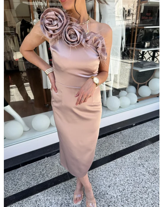 Tek Omuz Midi Boy Elbise Vizon